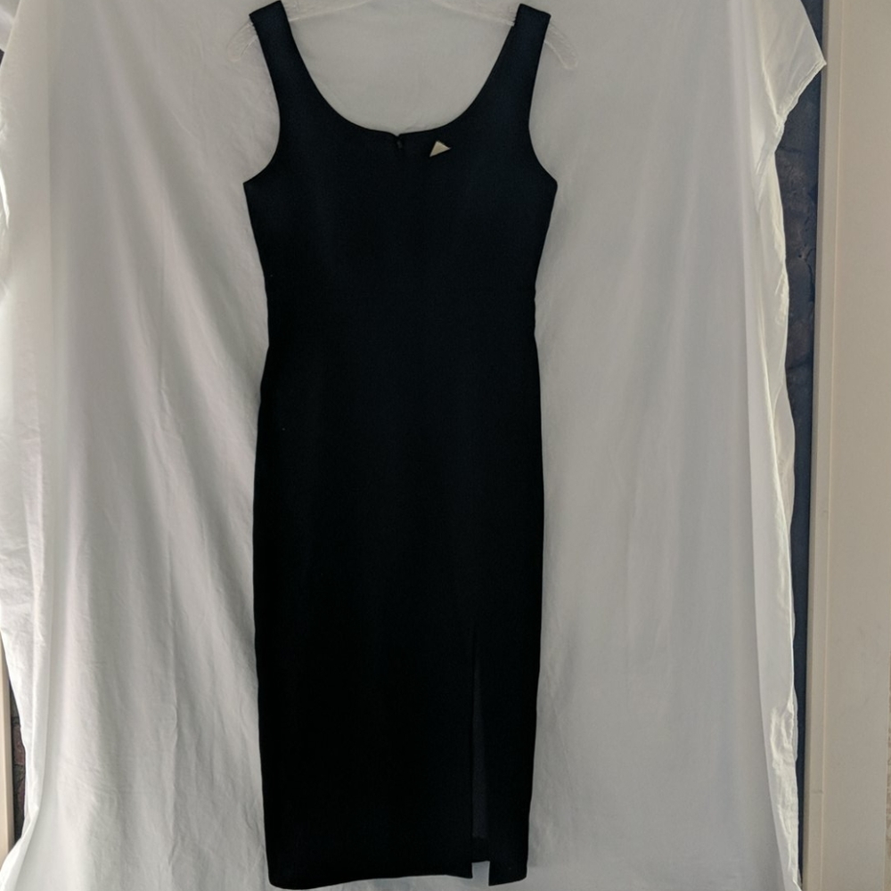 J. Crew black wool shift dress.